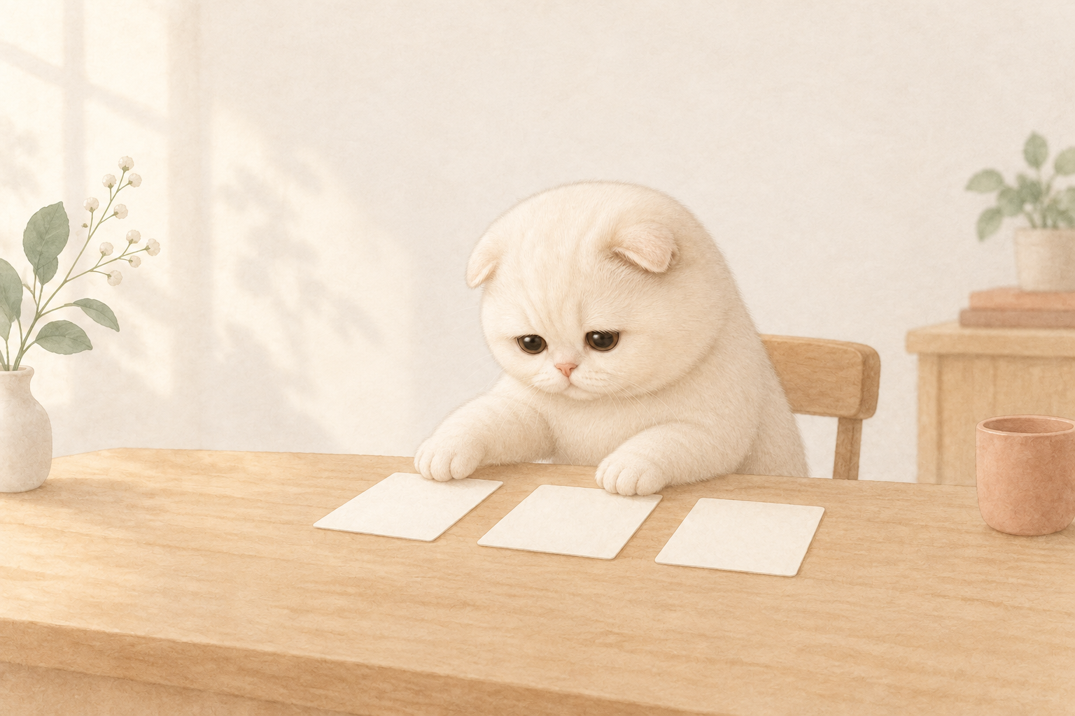 白い猫が机の上で、無地のカード3枚を分けて見ている様子