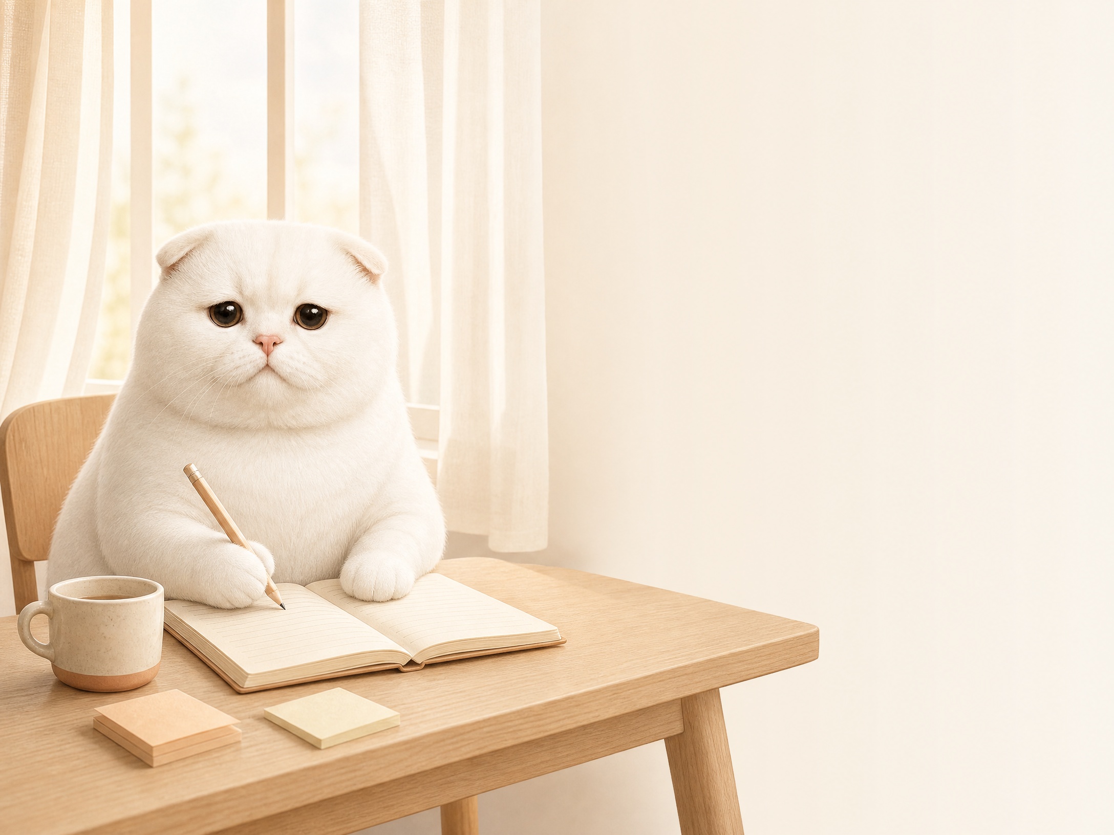 朝の窓辺の机で、白い猫が開いたノートに鉛筆で書いている様子